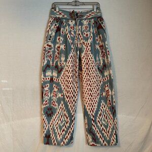 Ulla Johnson Blue Red White Print Cropped Pants Size 6 High Waist Cotton